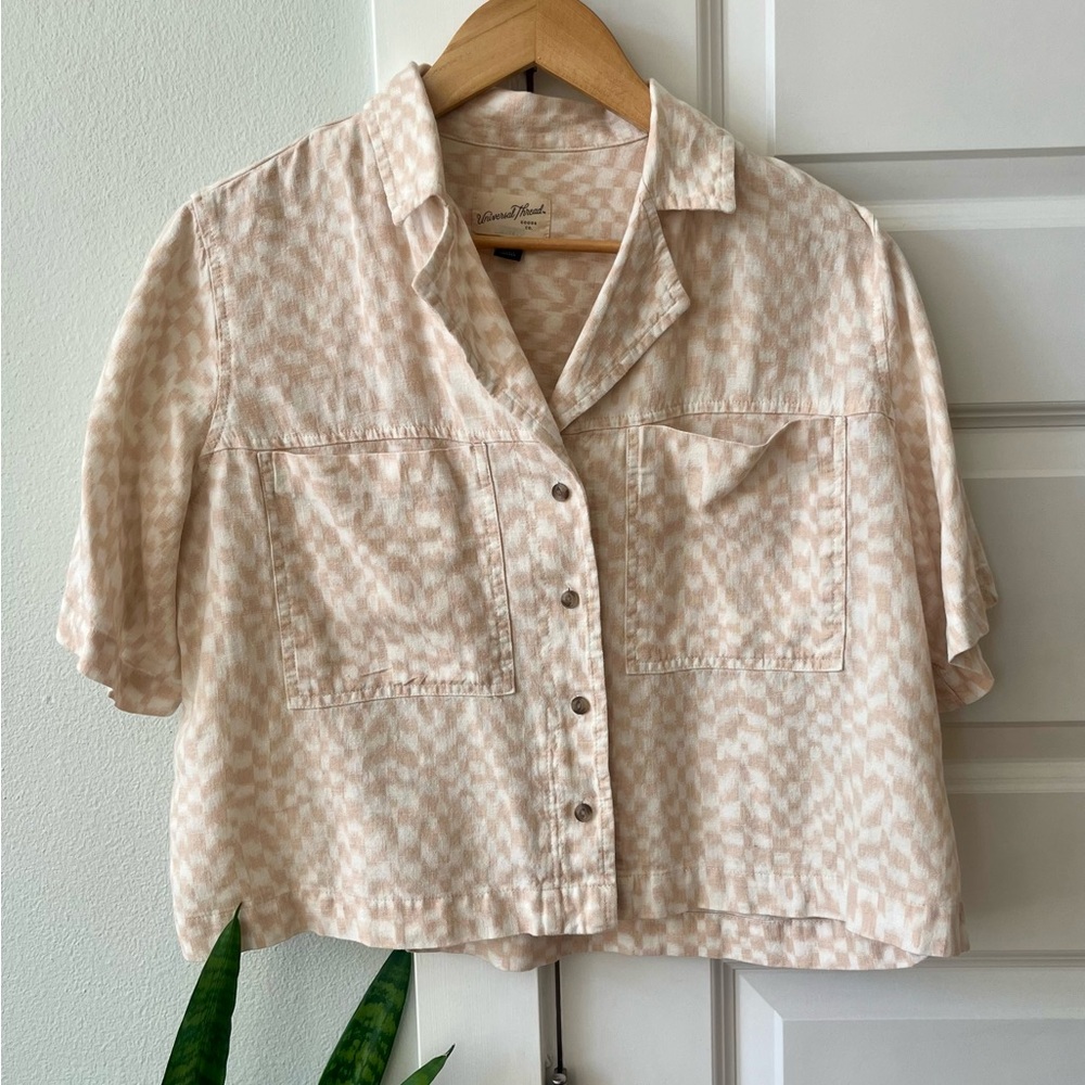 Universal Thread Pink and Cream Short-Sleeve Checkered Button Linen Blend Shirt